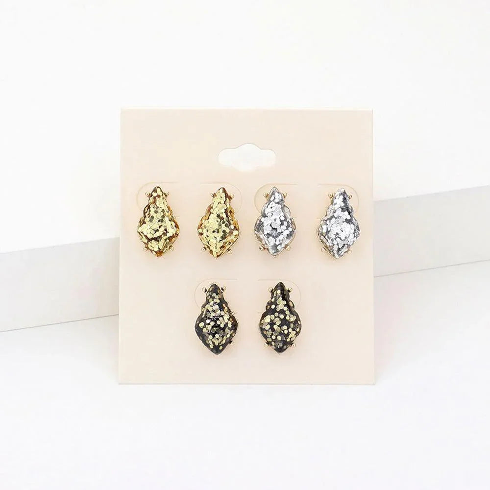3Pairs - Glittered Petal Stud Earrings - Jewelry Store by Erik Rayo