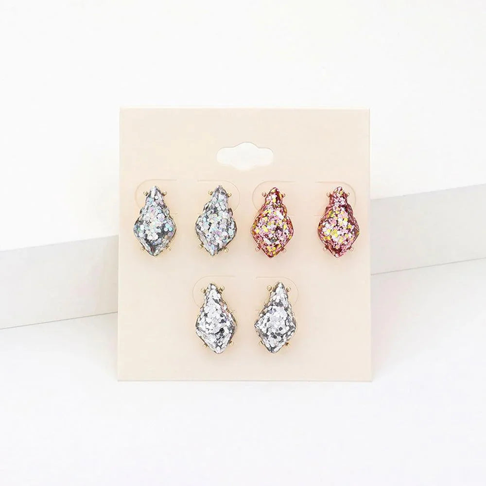 3Pairs - Glittered Petal Stud Earrings - Jewelry Store by Erik Rayo