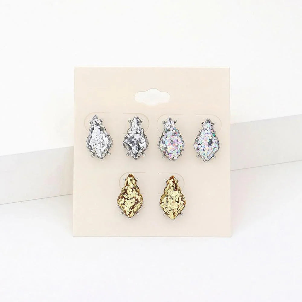 3Pairs - Glittered Petal Stud Earrings - Jewelry Store by Erik Rayo