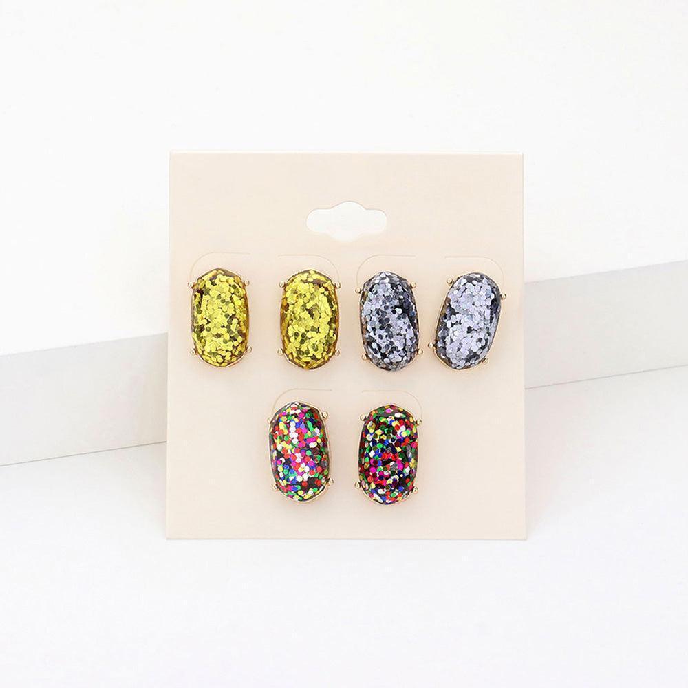 3Pairs - Glittered Hexagon Stud Earrings - Jewelry Store by Erik Rayo