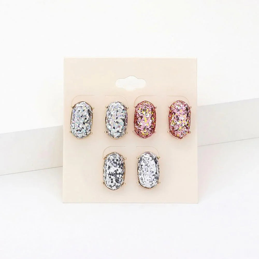 3Pairs - Glittered Hexagon Stud Earrings - Jewelry Store by Erik Rayo