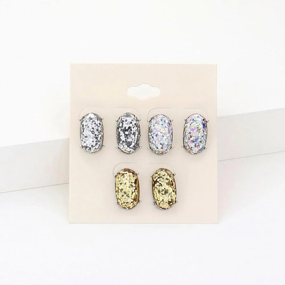 3Pairs - Glittered Hexagon Stud Earrings - Jewelry Store by Erik Rayo
