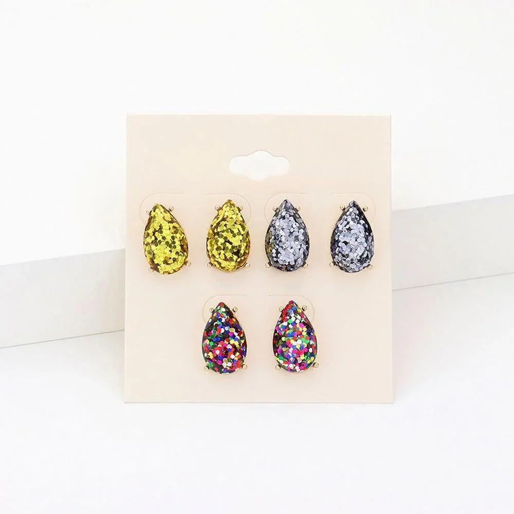 3Pairs - Glittered Teardrop Stud Earrings - Jewelry Store by Erik Rayo
