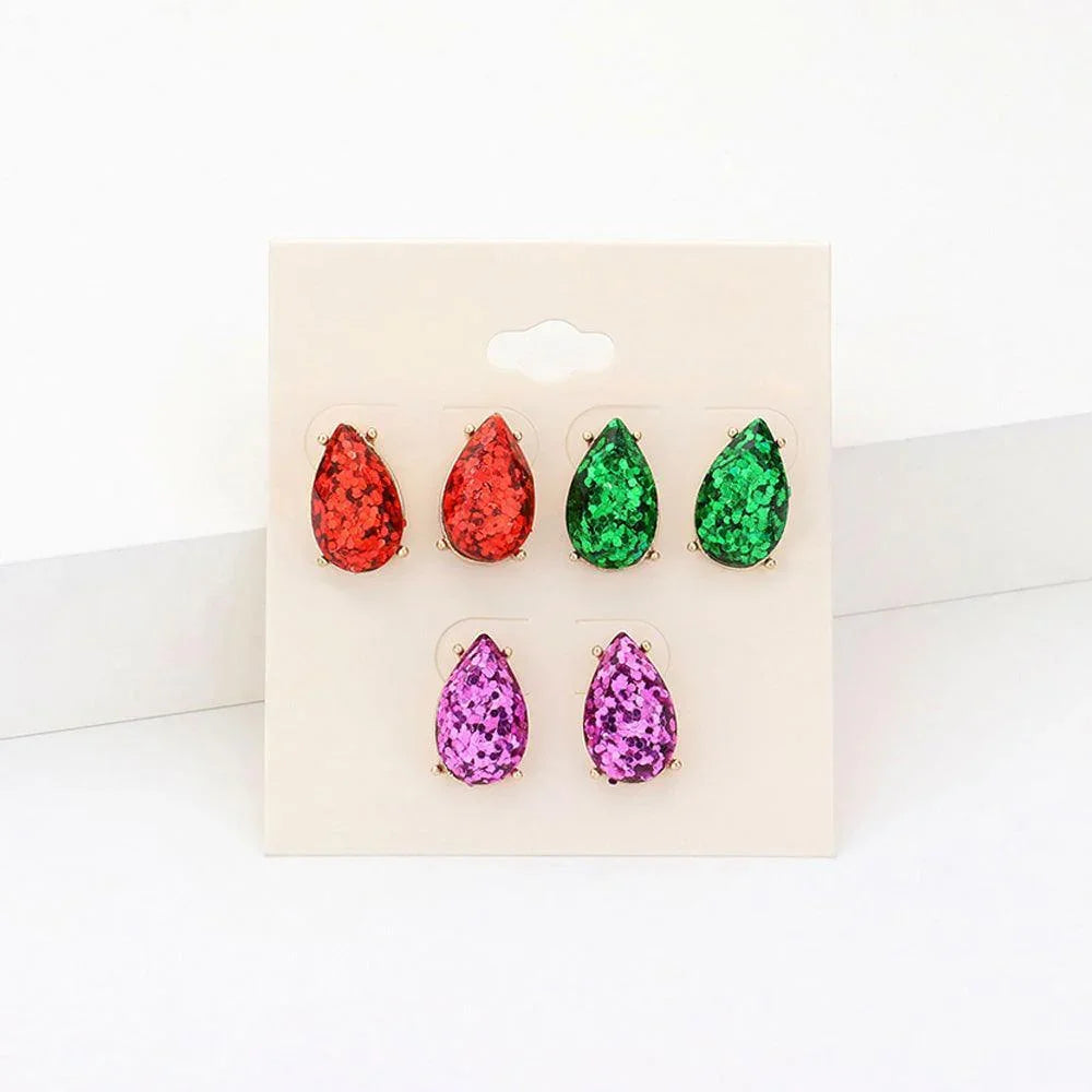 3Pairs - Glittered Teardrop Stud Earrings - Jewelry Store by Erik Rayo