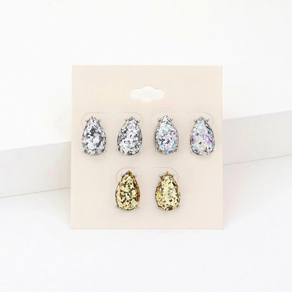 3Pairs - Glittered Teardrop Stud Earrings - Jewelry Store by Erik Rayo
