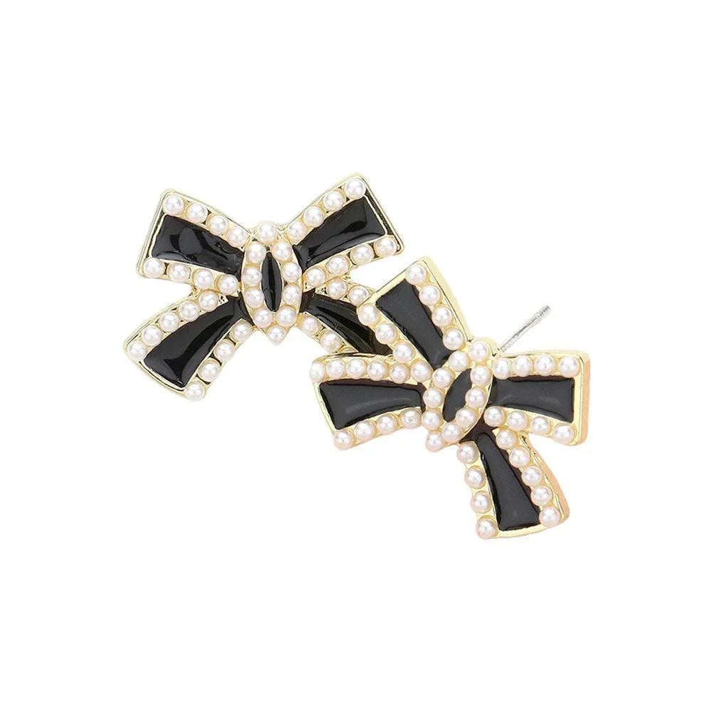 Cream Pearl Pointed Enamel Bow Stud Earrings - Jewelry Store by Erik Rayo