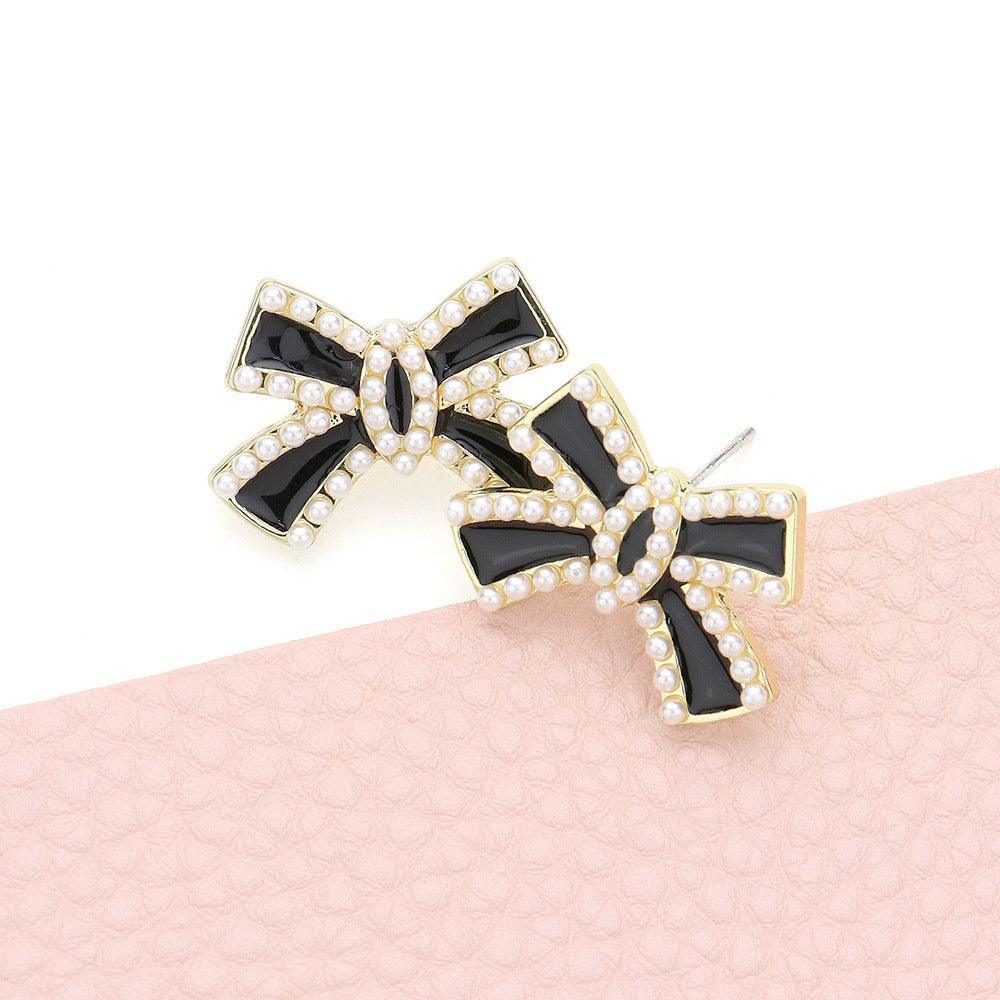 Cream Pearl Pointed Enamel Bow Stud Earrings - Jewelry Store by Erik Rayo