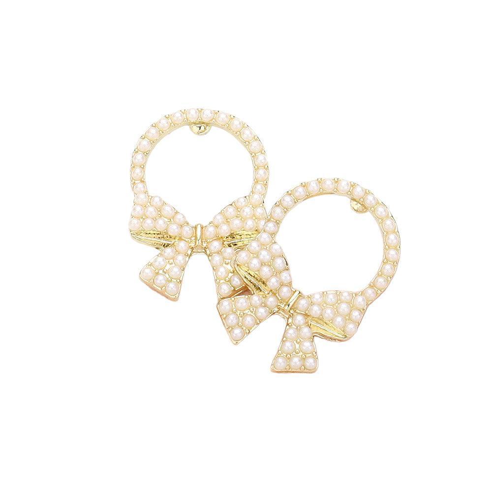Cream Pearl Embellished Bow Stud Earrings - Jewelry Store by Erik Rayo