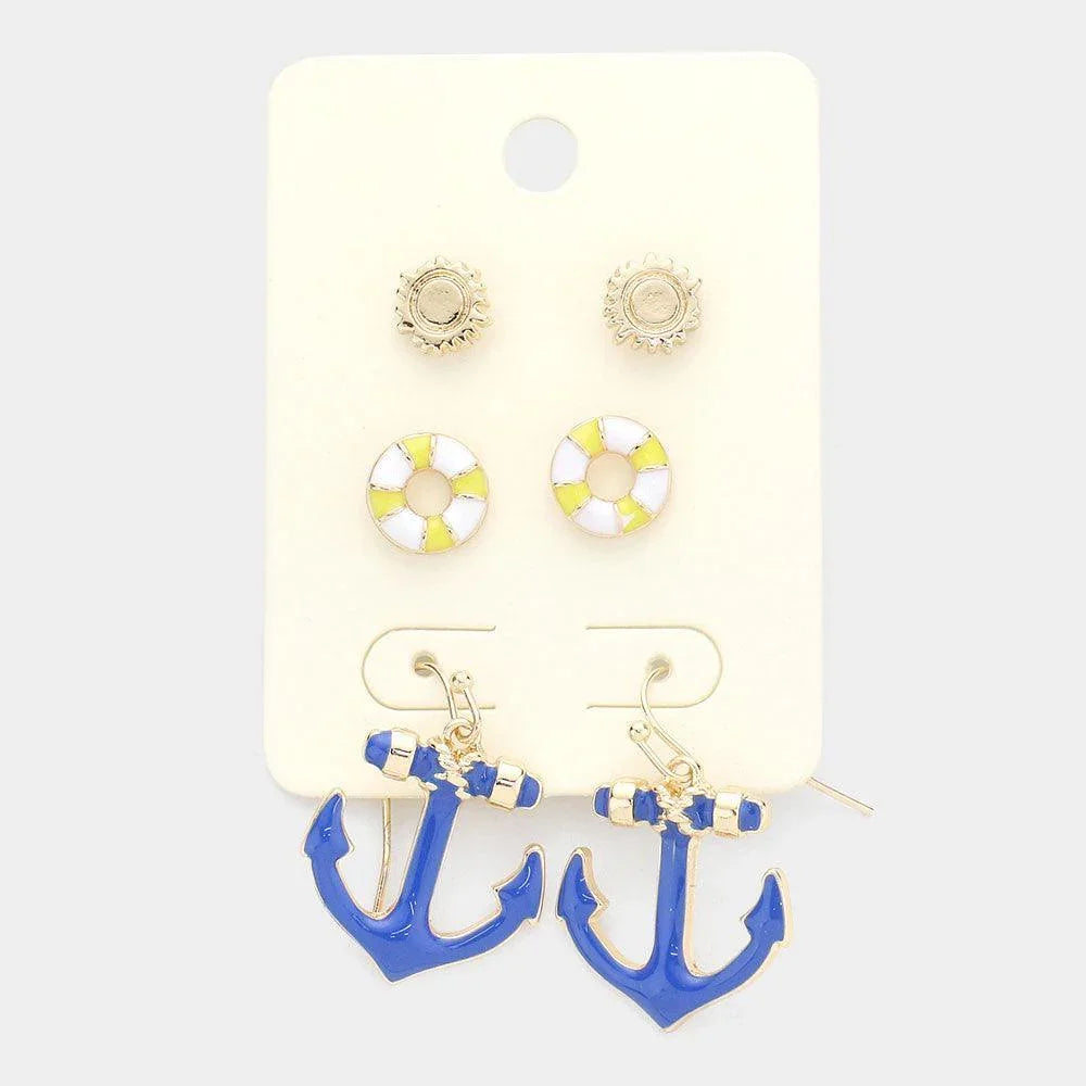 3Pairs - Metal Sun Enamel Tube Anchor Earrings - Jewelry Store by Erik Rayo