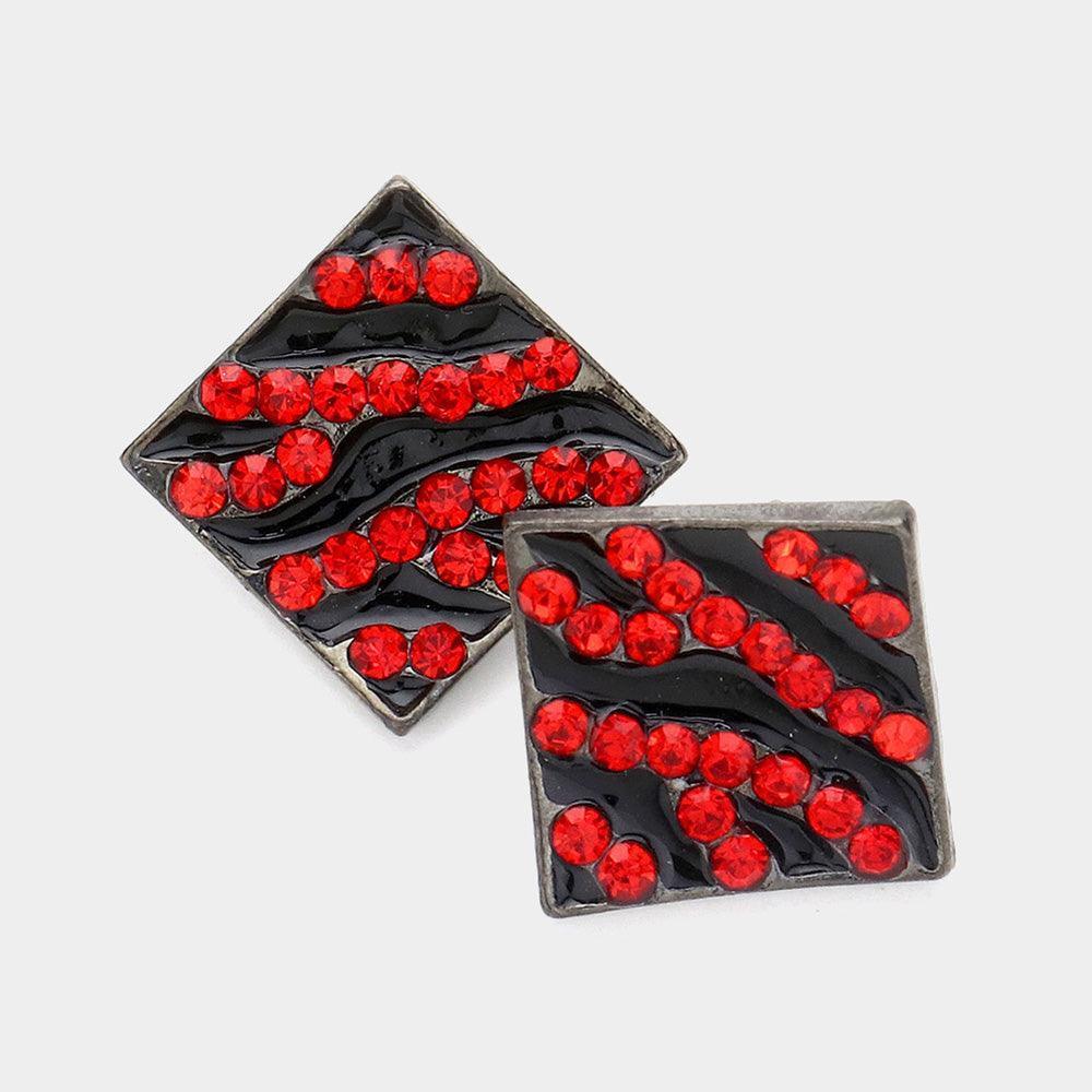 Red Stone Paved Abstract Patterned Rhombus Stud Earrings - Jewelry Store by Erik Rayo