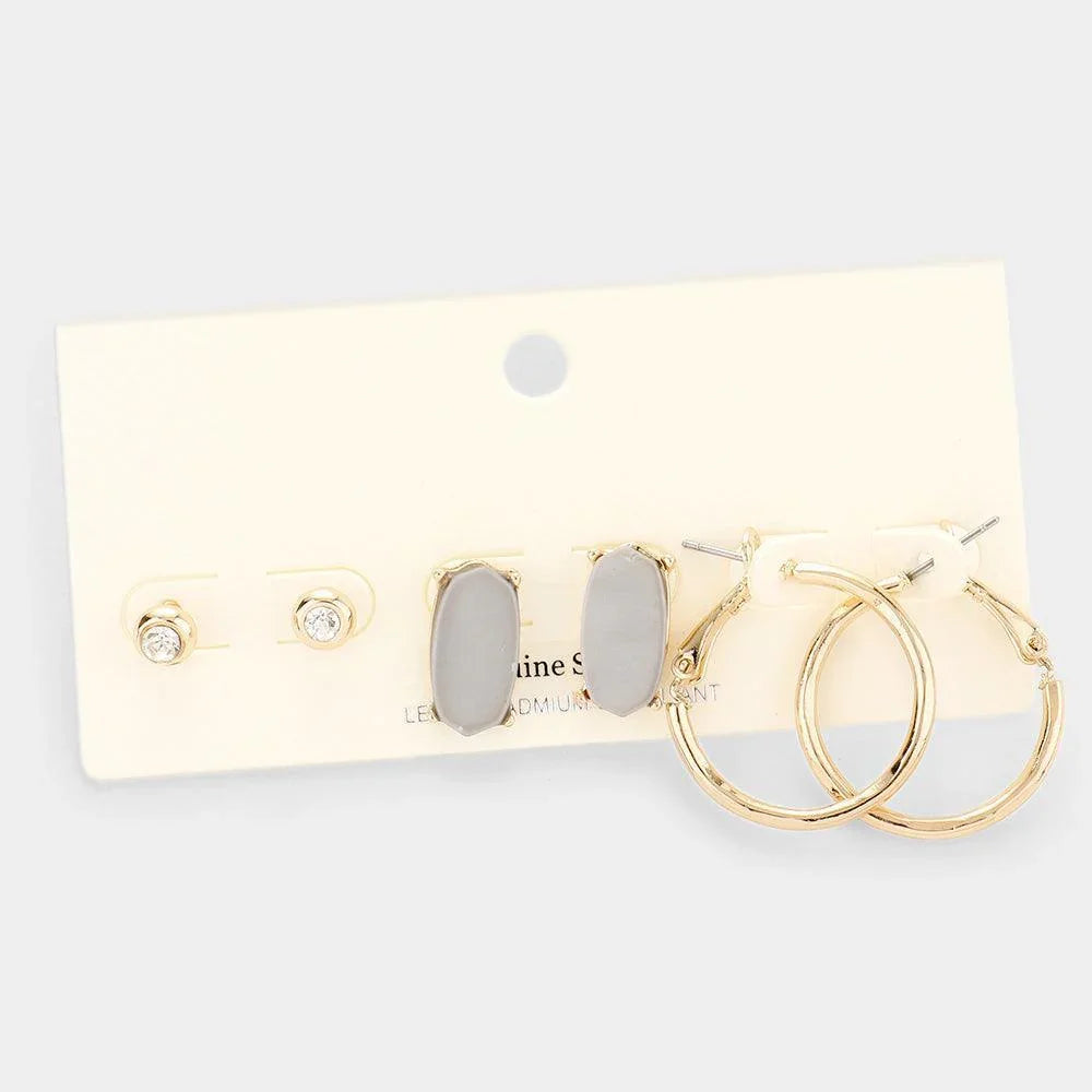 Gray 3Pairs - Round Stone Genuine Shell Hexagon Metal Hoop Earrings - Jewelry Store by Erik Rayo