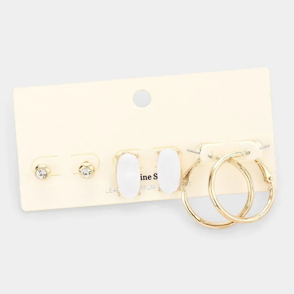 3Pairs - Round Stone Genuine Shell Hexagon Metal Hoop Earrings - Jewelry Store by Erik Rayo