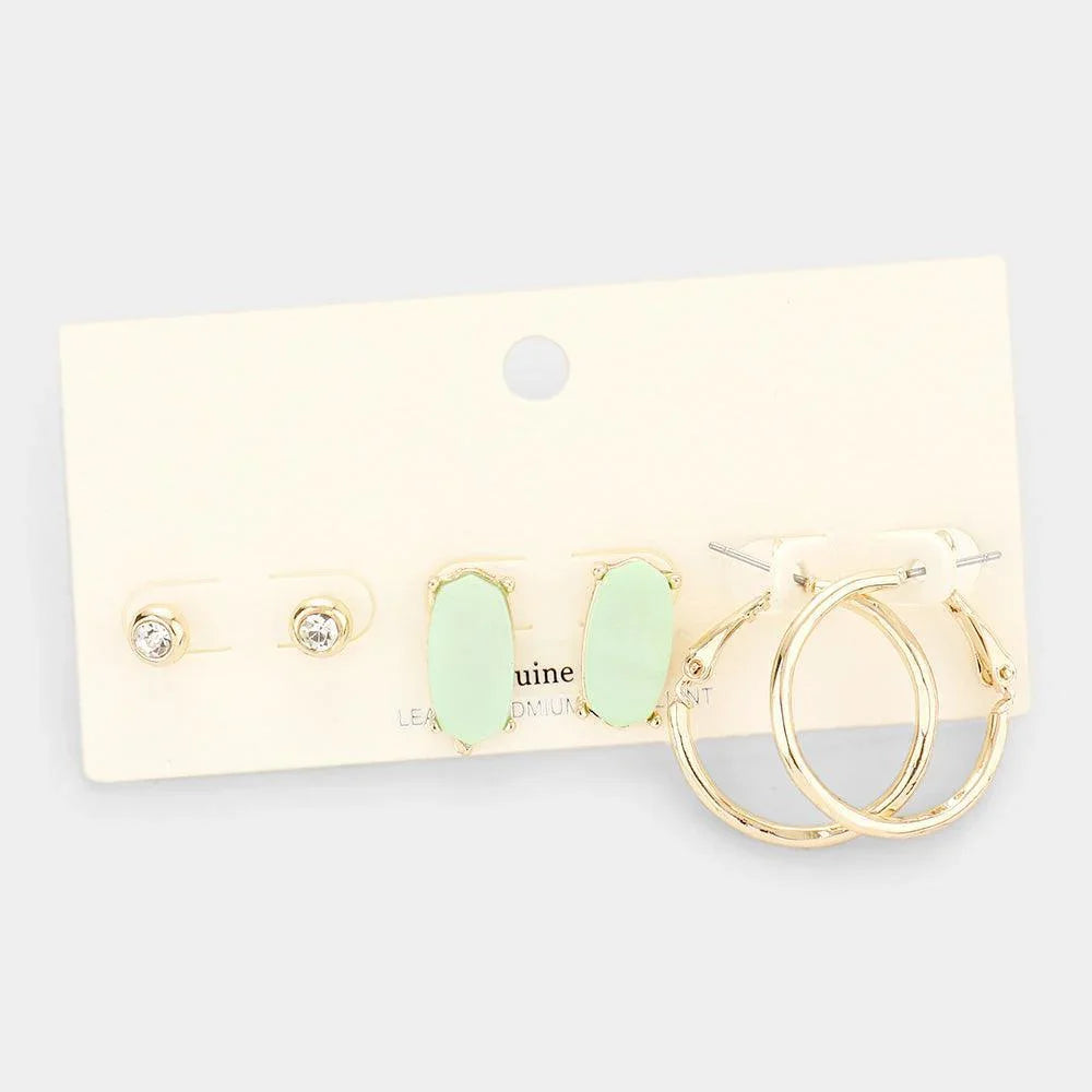3Pairs - Round Stone Hexagon Bead Metal Hoop Earrings - Jewelry Store by Erik Rayo