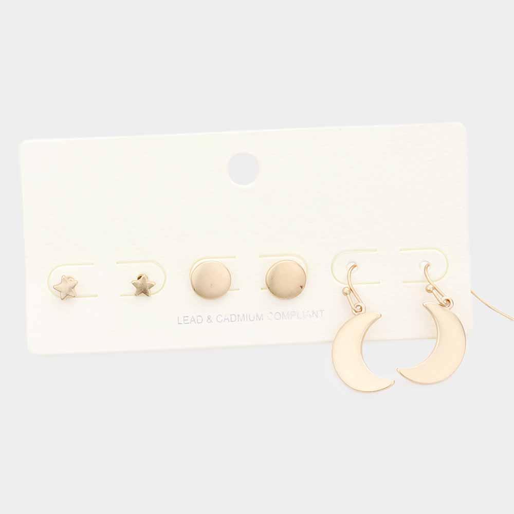 Gold 3Pairs - Metal Star Round Crescent Moon Earrings - Jewelry Store by Erik Rayo