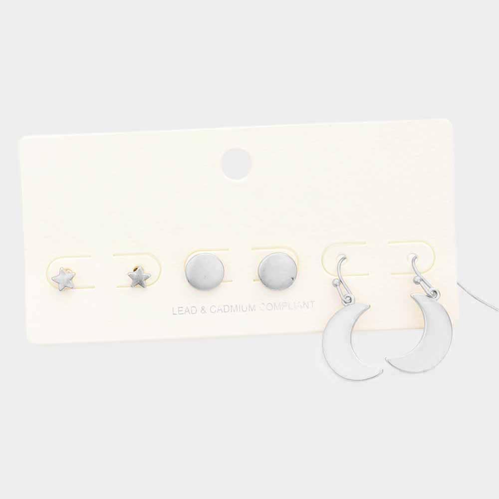 Silver 3Pairs - Metal Star Round Crescent Moon Earrings - Jewelry Store by Erik Rayo
