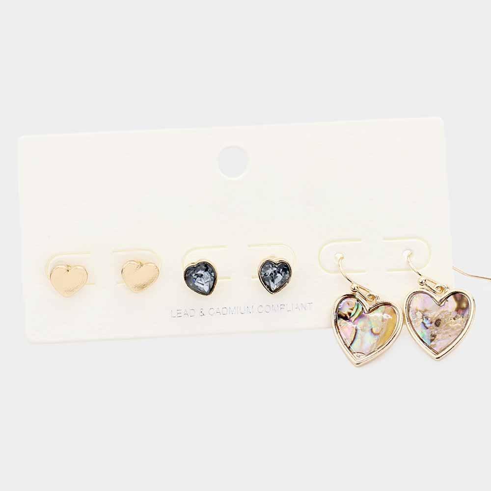 3Pairs - Metal Stone Abalone Heart Earrings - Jewelry Store by Erik Rayo