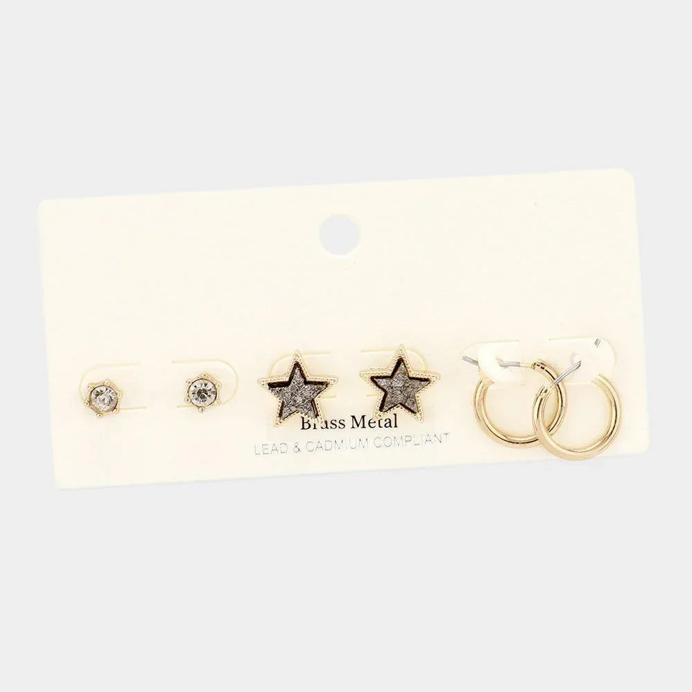 Hematite 3Pairs - Brass Metal Round Stone Druzy Star Hoop Earrings - Jewelry Store by Erik Rayo