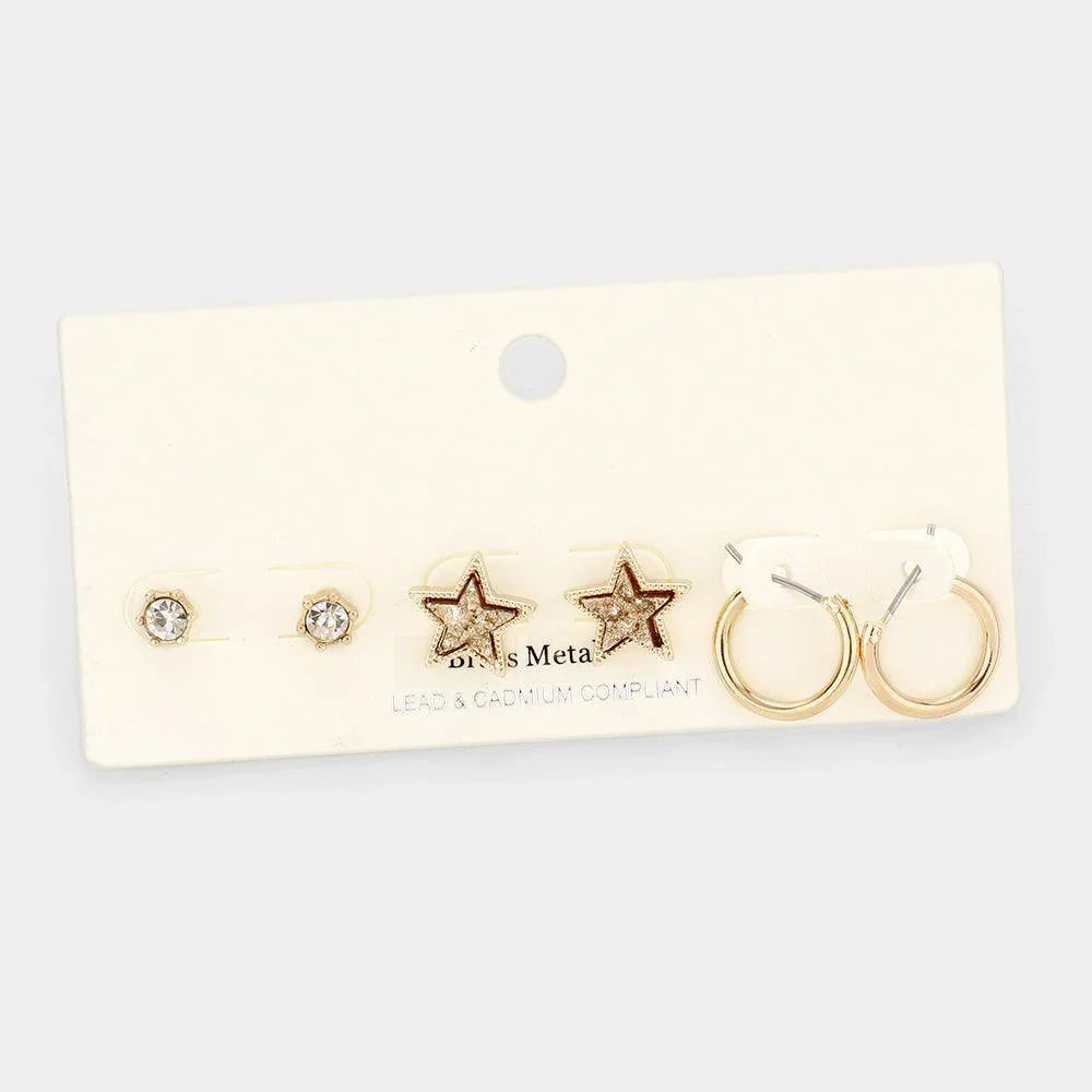 Rose Gold 3Pairs - Brass Metal Round Stone Druzy Star Hoop Earrings - Jewelry Store by Erik Rayo