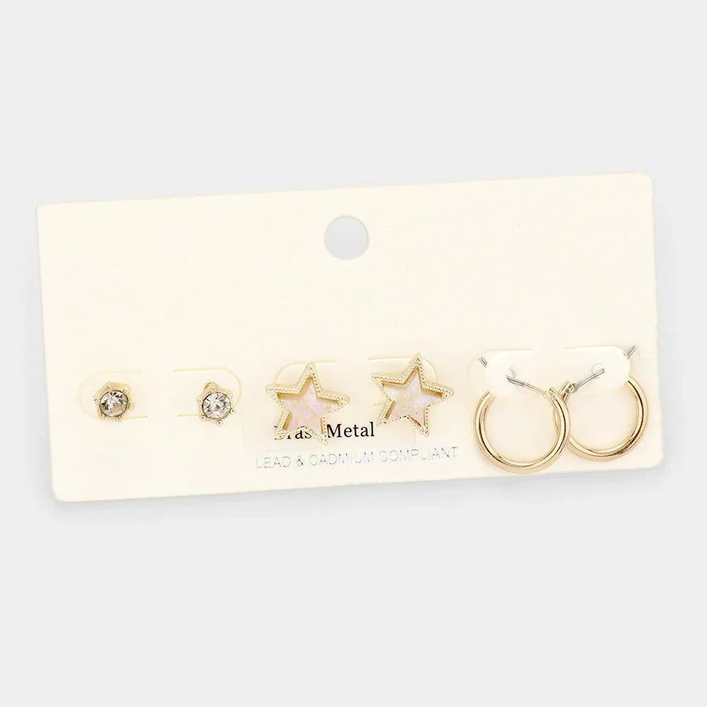 White 3Pairs - Brass Metal Round Stone Druzy Star Hoop Earrings - Jewelry Store by Erik Rayo