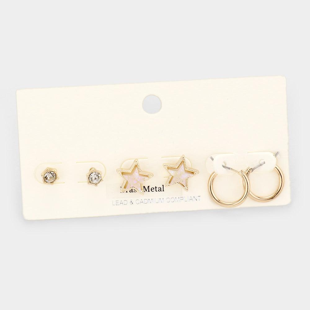 White 3Pairs - Brass Metal Round Stone Druzy Star Hoop Earrings