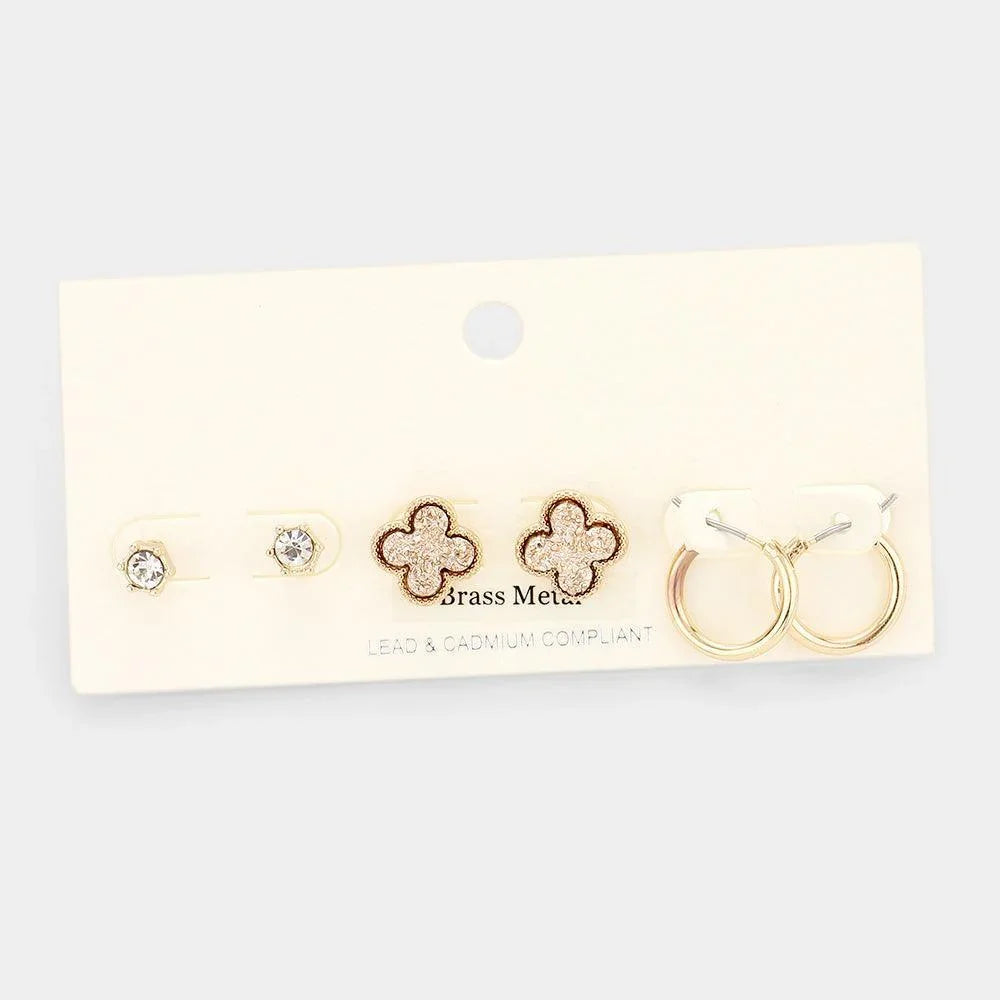 Rose Gold 3Pairs - Brass Metal Round Stone Druzy Quatrefoil Hoop Earrings - Jewelry Store by Erik Rayo