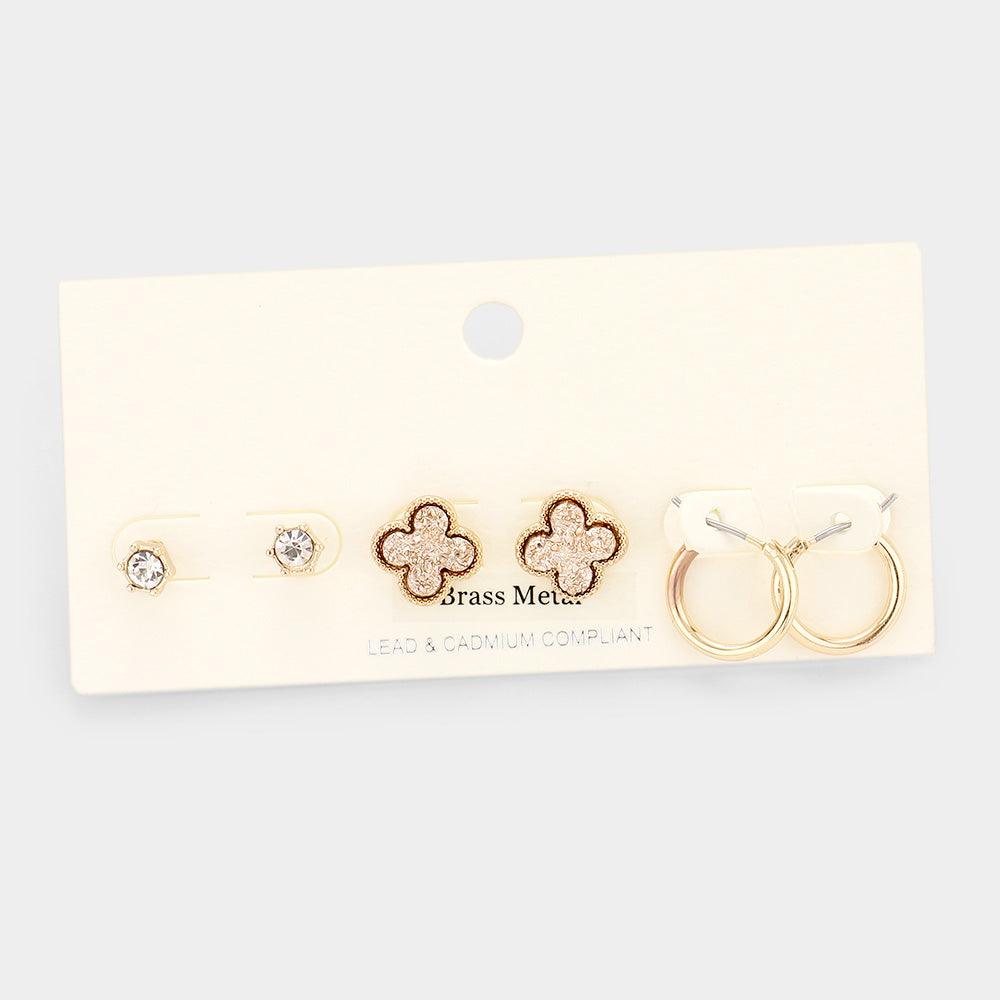 Rose Gold 3Pairs - Brass Metal Round Stone Druzy Quatrefoil Hoop Earrings