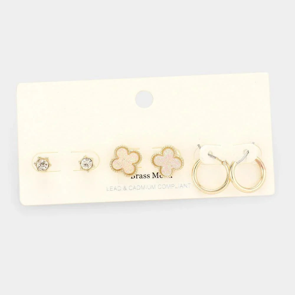 White 3Pairs - Brass Metal Round Stone Druzy Quatrefoil Hoop Earrings - Jewelry Store by Erik Rayo