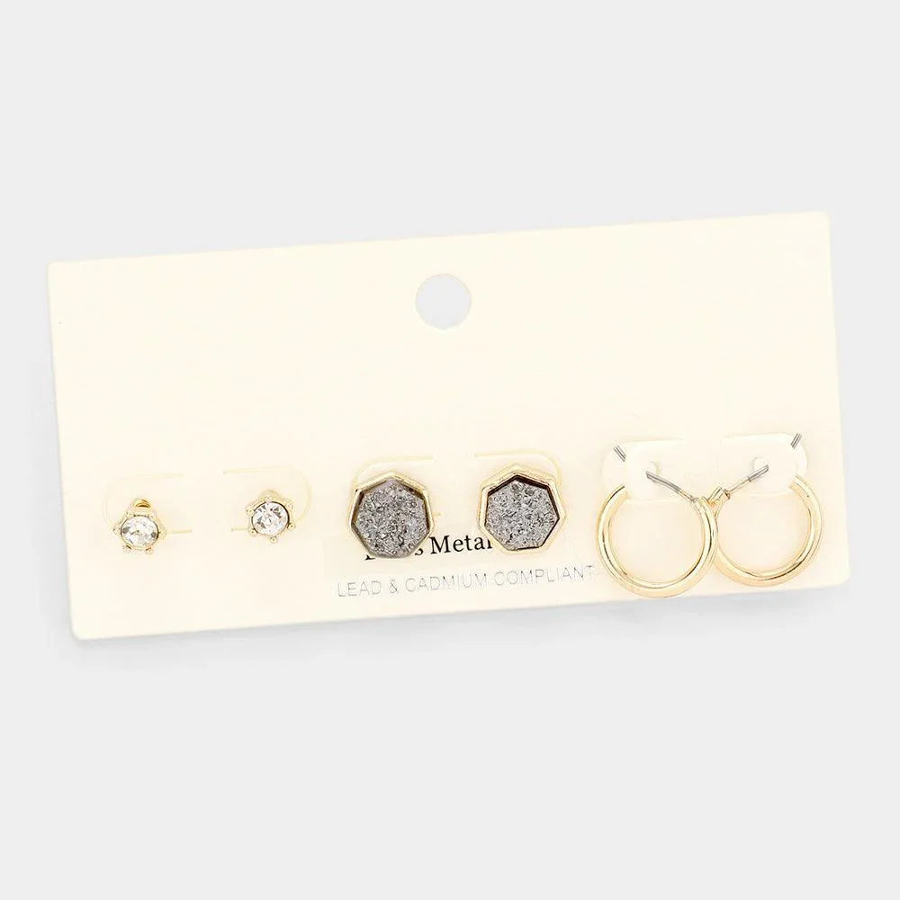 Hematite 3Pairs - Brass Metal Round Stone Druzy Heptagon Hoop Earrings - Jewelry Store by Erik Rayo