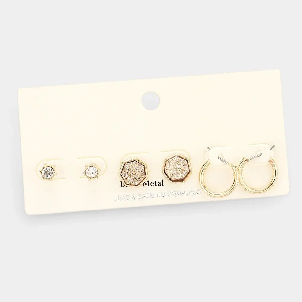 Rose Gold 3Pairs - Brass Metal Round Stone Druzy Heptagon Hoop Earrings - Jewelry Store by Erik Rayo