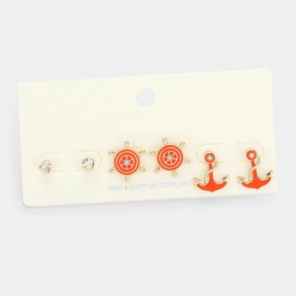 3PCS - Stone Embellished Enamel Ship Wheel Anchor Stud Earrings - Jewelry Store by Erik Rayo