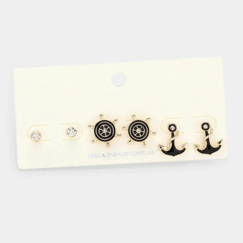 Black 3PCS - Stone Embellished Enamel Ship Wheel Anchor Stud Earrings - Jewelry Store by Erik Rayo