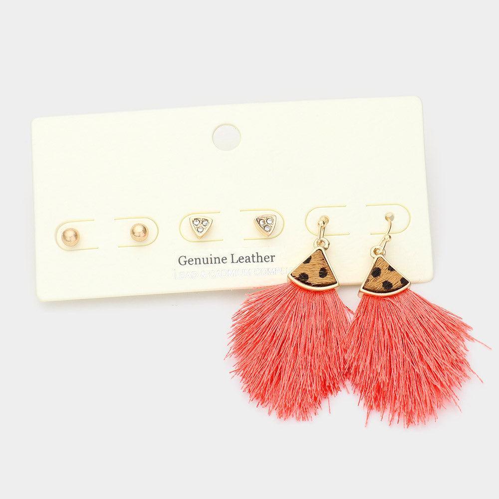 3Pairs - Metal Ball Rhinestone Triangle Fan Shaped Cheetah Patterned Genuine Leather Tassel Fringe Earrings - Jewelry Store by Erik Rayo