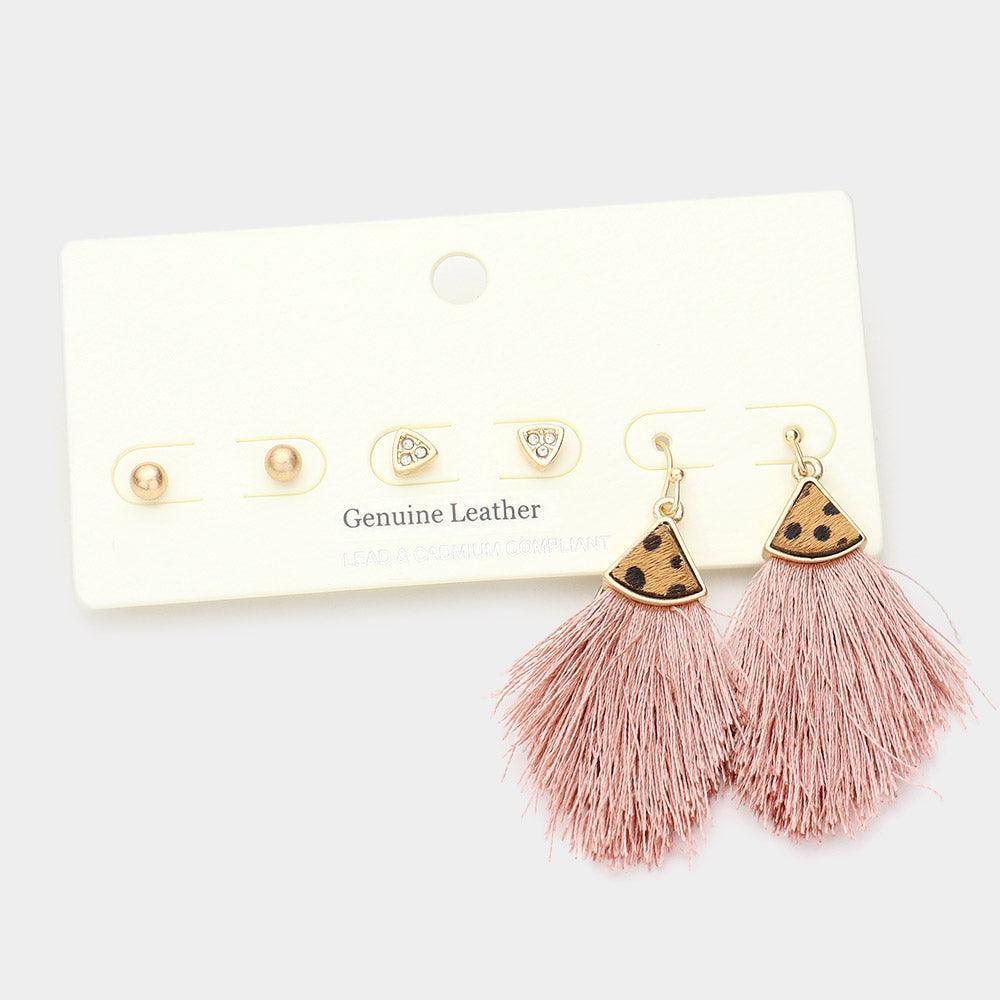 Pink 3Pairs - Metal Ball Rhinestone Triangle Fan Shaped Cheetah Patterned Genuine Leather Tassel Fringe Earrings - Jewelry Store by Erik Rayo