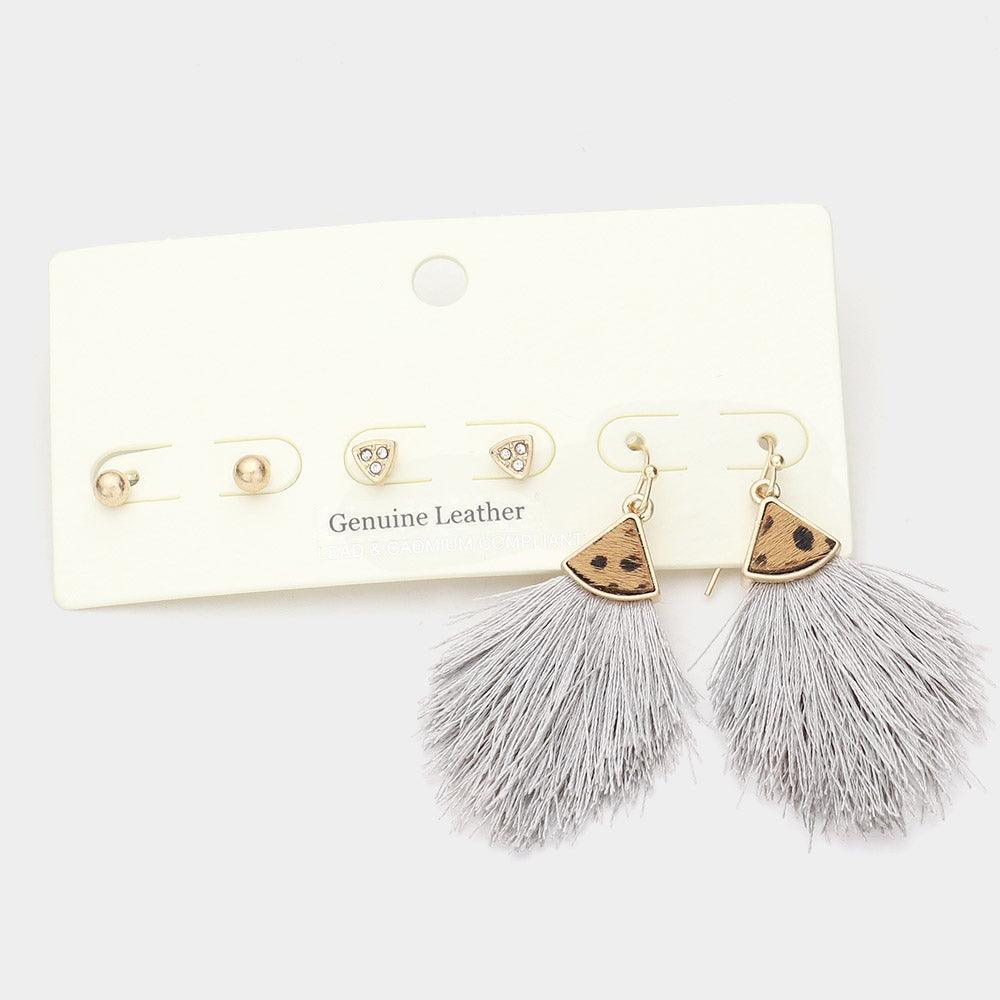 Gray 3Pairs - Metal Ball Rhinestone Triangle Fan Shaped Cheetah Patterned Genuine Leather Tassel Fringe Earrings - Jewelry Store by Erik Rayo