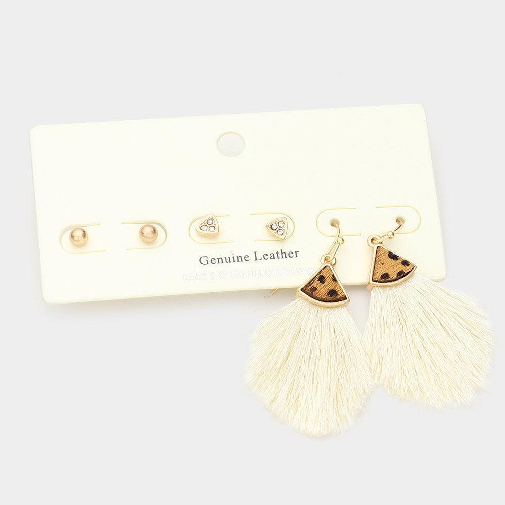 3Pairs - Metal Ball Rhinestone Triangle Fan Shaped Cheetah Patterned Genuine Leather Tassel Fringe Earrings - Jewelry Store by Erik Rayo