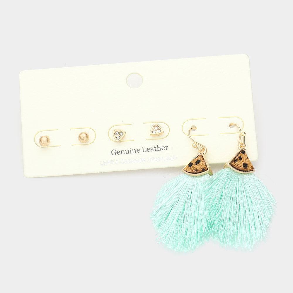 3Pairs - Metal Ball Rhinestone Triangle Fan Shaped Cheetah Patterned Genuine Leather Tassel Fringe Earrings - Jewelry Store by Erik Rayo