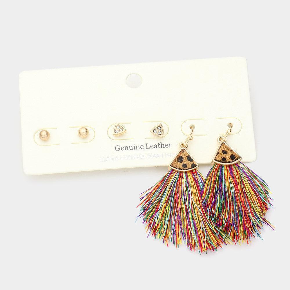 3Pairs - Metal Ball Rhinestone Triangle Fan Shaped Cheetah Patterned Genuine Leather Tassel Fringe Earrings - Jewelry Store by Erik Rayo