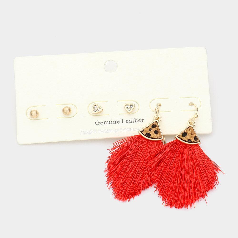 Red 3Pairs - Metal Ball Rhinestone Triangle Fan Shaped Cheetah Patterned Genuine Leather Tassel Fringe Earrings - Jewelry Store by Erik Rayo