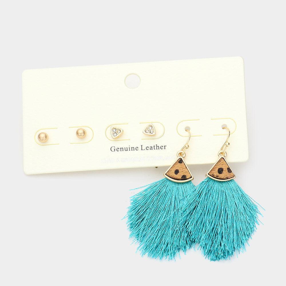 Turquoise 3Pairs - Metal Ball Rhinestone Triangle Fan Shaped Cheetah Patterned Genuine Leather Tassel Fringe Earrings - Jewelry Store by Erik Rayo