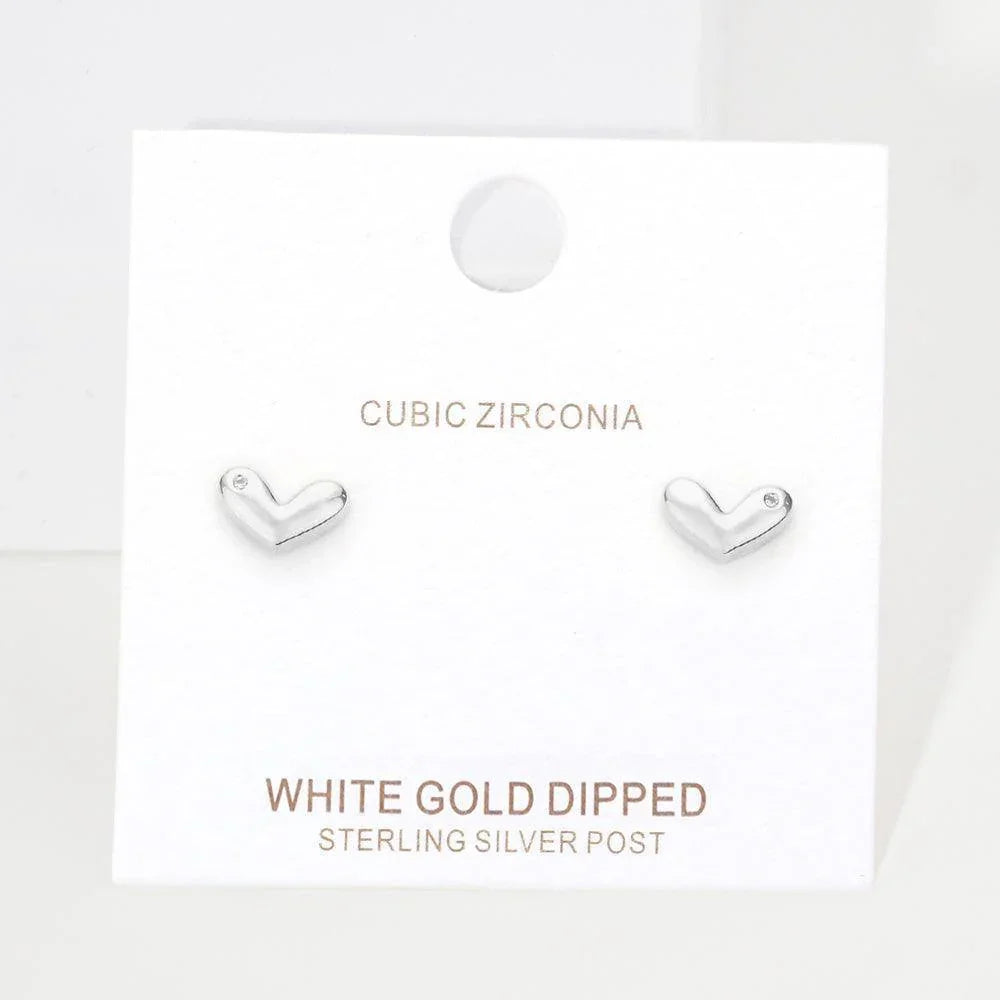 Silver White Gold Dipped CZ Embellished Heart Stud Earrings - Jewelry Store by Erik Rayo