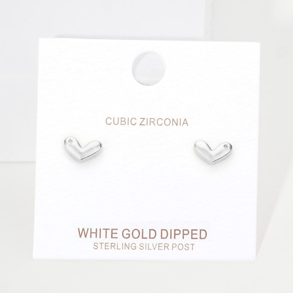 Silver White Gold Dipped CZ Embellished Heart Stud Earrings