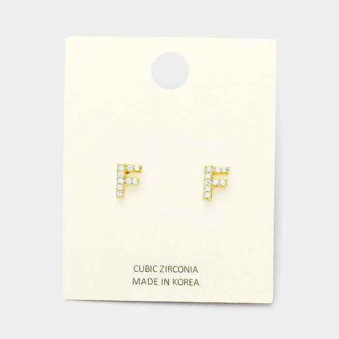 Gold 'F' Cubic Zirconia Monogram Stud Earrings