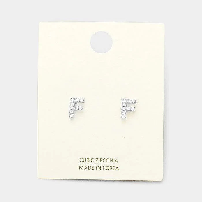 Clear 'F' Cubic Zirconia Monogram Stud Earrings - Jewelry Store by Erik Rayo