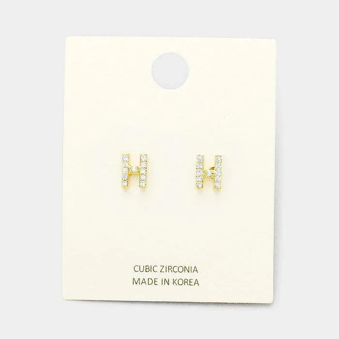 Gold 'H' Cubic Zirconia Monogram Stud Earrings - Jewelry Store by Erik Rayo