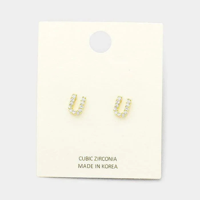Gold 'U' Cubic Zirconia Monogram Stud Earrings - Jewelry Store by Erik Rayo