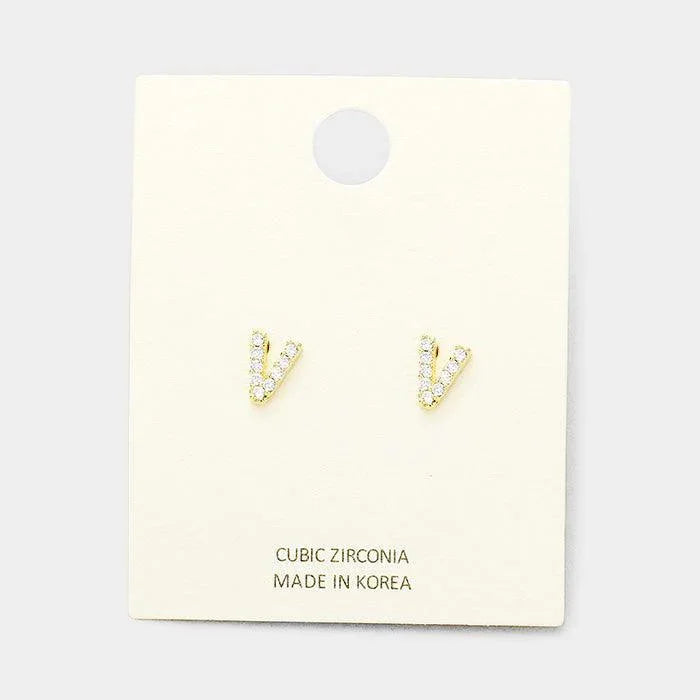 Gold 'V' Cubic Zirconia Monogram Stud Earrings - Jewelry Store by Erik Rayo
