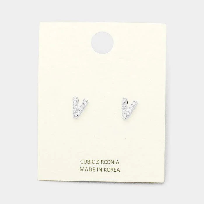 Clear 'V' Cubic Zirconia Monogram Stud Earrings - Jewelry Store by Erik Rayo