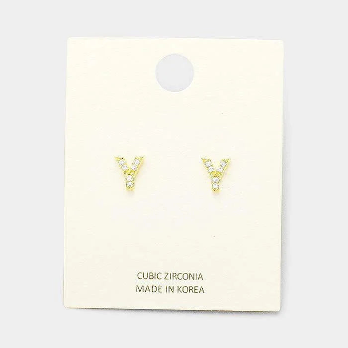 Gold 'Y' Cubic Zirconia Monogram Stud Earrings