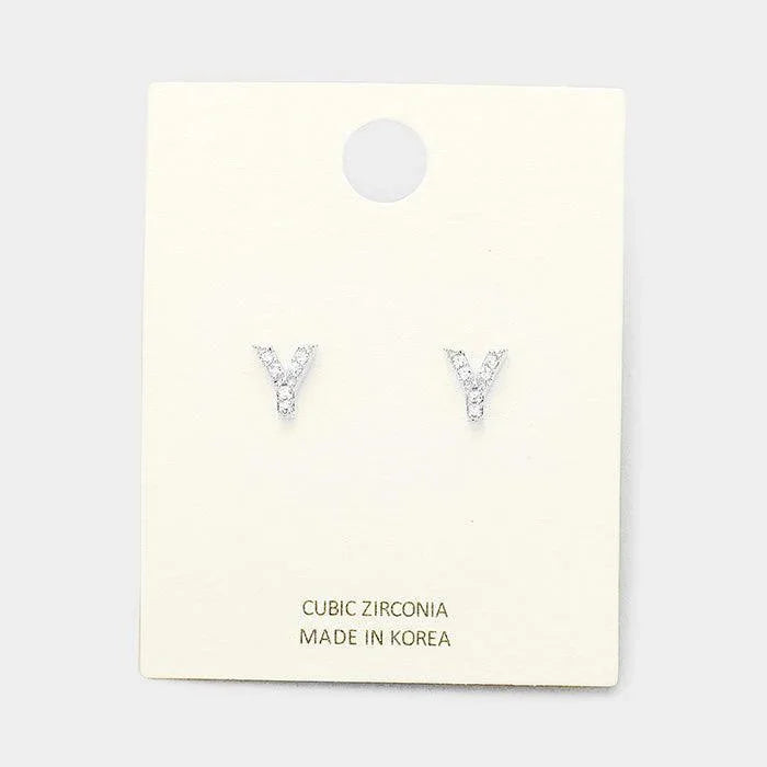 Clear 'Y' Cubic Zirconia Monogram Stud Earrings - Jewelry Store by Erik Rayo