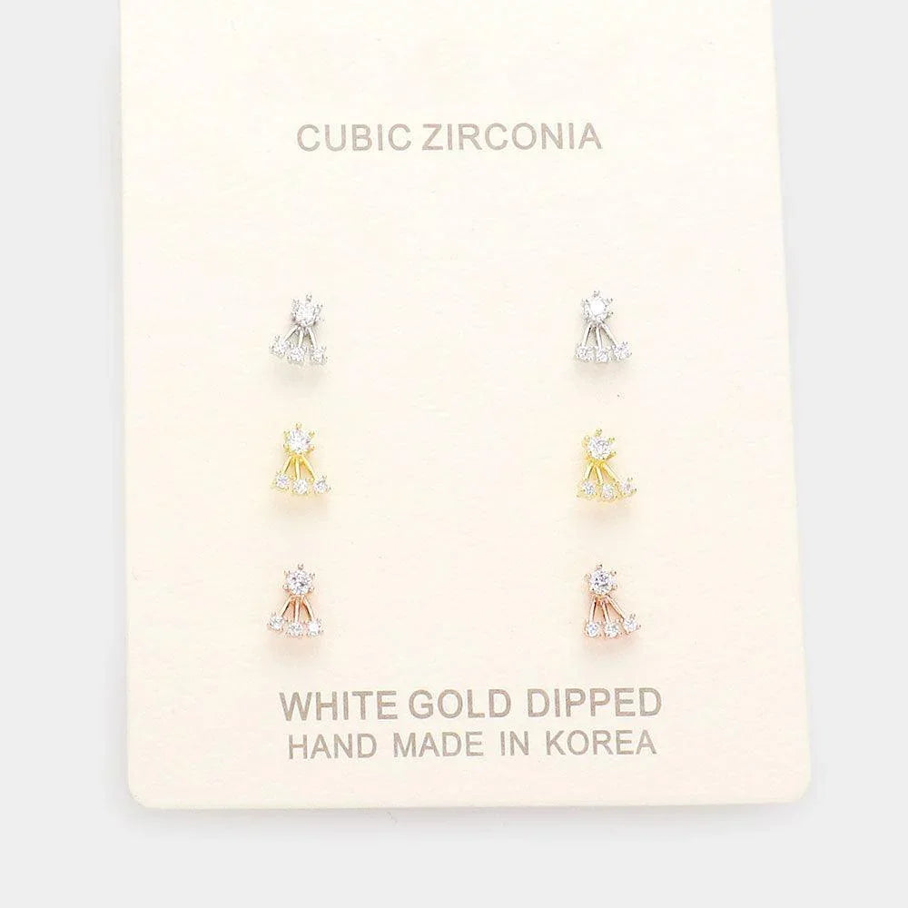 Three Tone 3Pairs - Gold Dipped CZ Abstract Stud Earrings - Jewelry Store by Erik Rayo